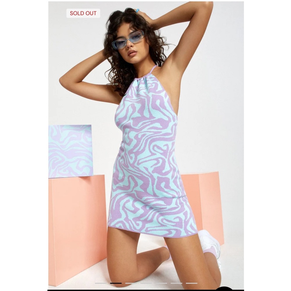 Motel Rocks Dress Women XS Purple Jagged Swirl Lavender Riri Knit‎ Halter Mini